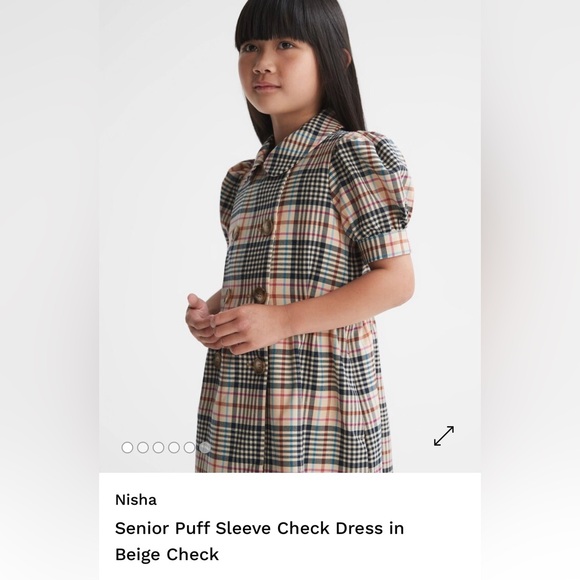 Reiss Puff Sleeve Check Dress in Beige Check - Picture 3 of 4